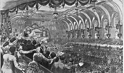 大統領候補指名大会は米国の古い政治的伝統であ る　（上）1868年シカゴの共和党大会へ向かう代議員た ち　（下）1880年、シンシナティで開かれた民主党全国 大会　©米国議会図書館（印刷物写真部門）