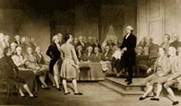 1787年、フィラデルフィアで開催された憲法制定会議で演説をするジョージ･ワシントン。(Virginia Museum of Fine Arts, Richmond. Gift of Edgar William and Bernice Chrysler Garbisch.)